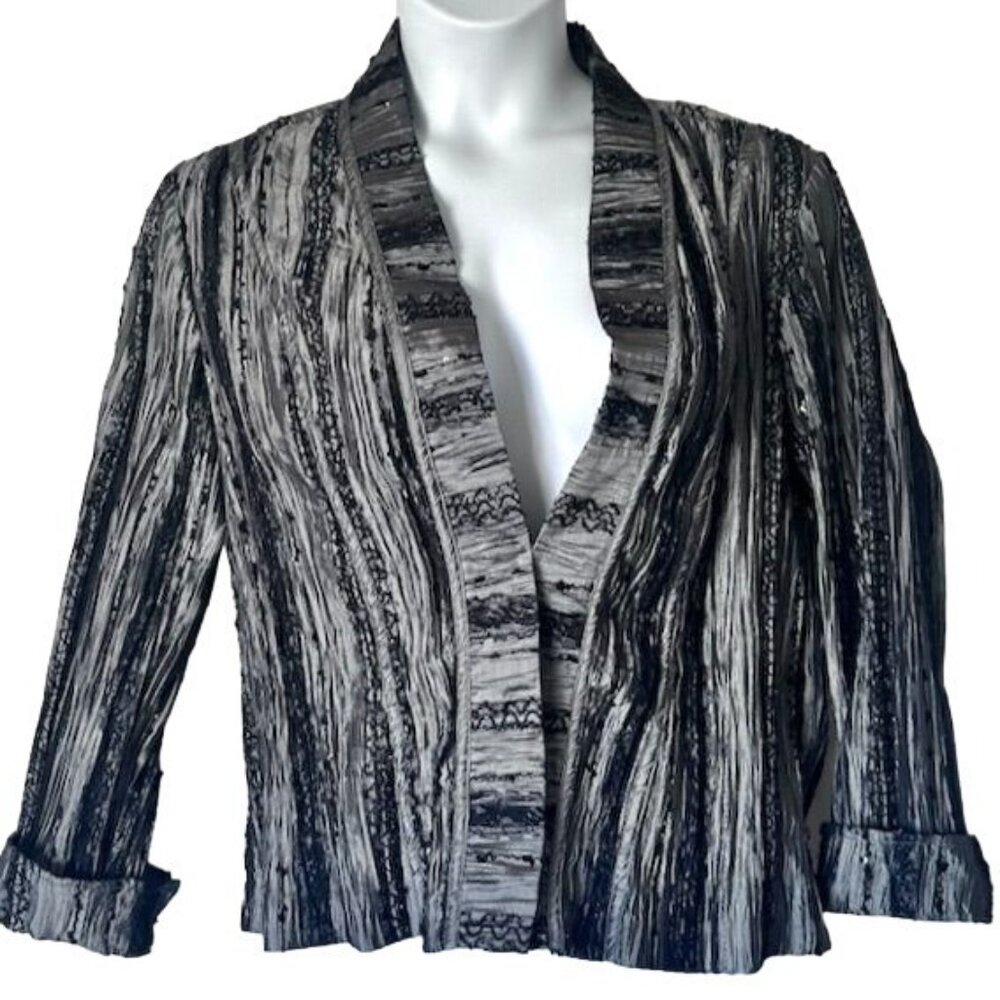 3 for $15 Chico's Metallic Silver Black Embellishments Open Front Jacket M